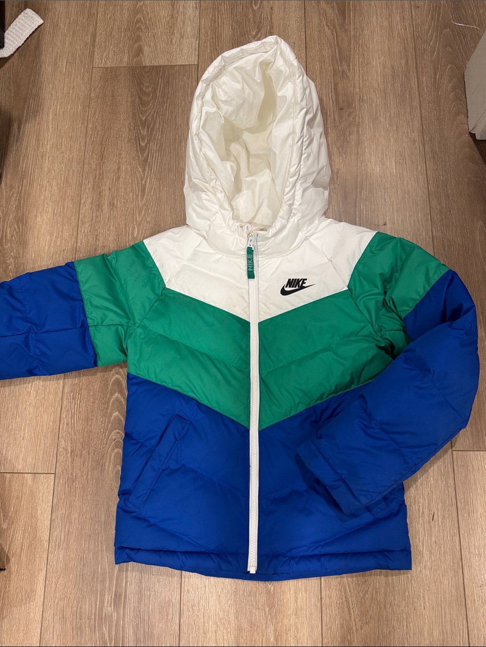 Nike Kids Colorblock Hooded Puffer Jacket - White/Green/Blue
